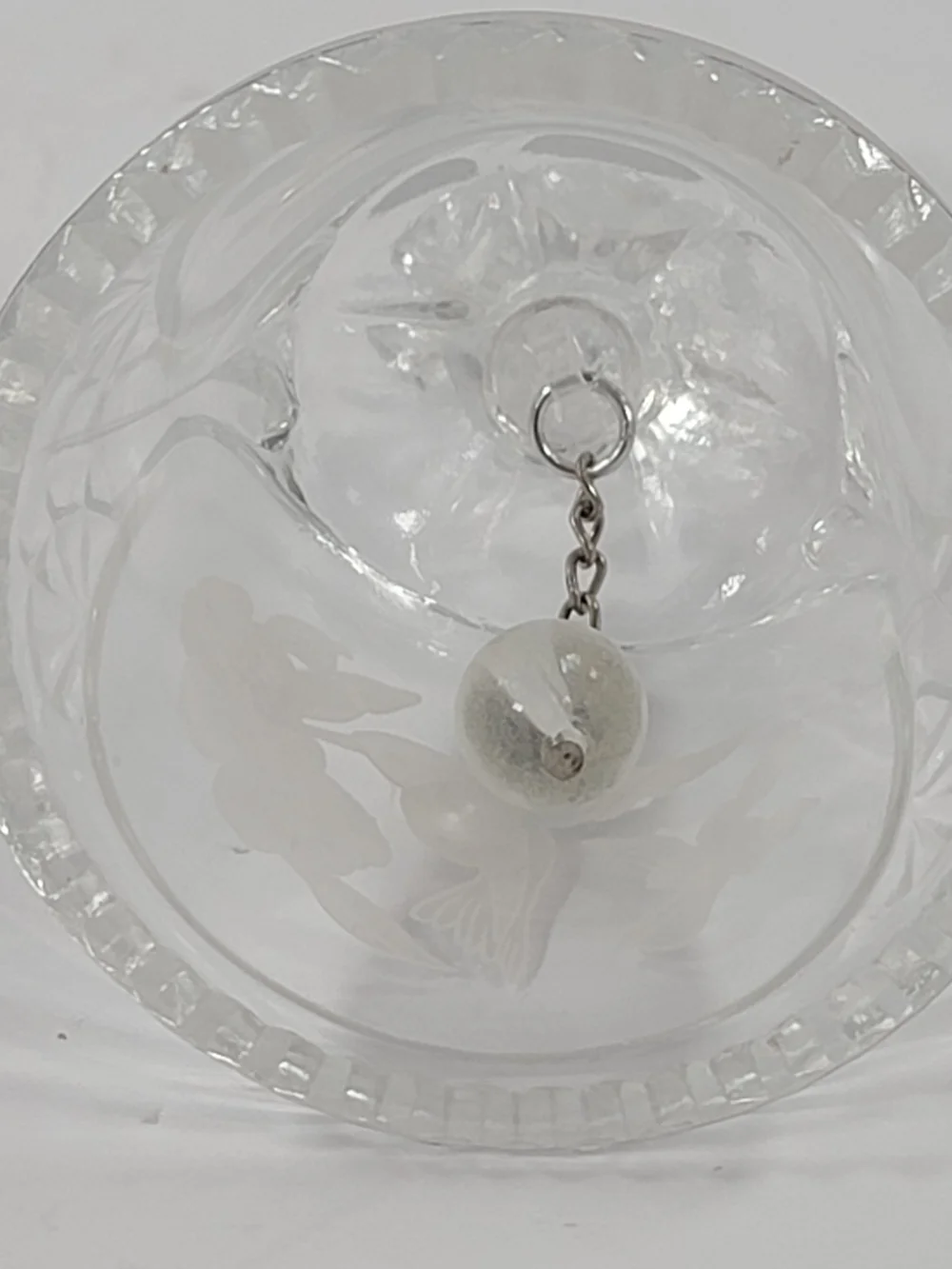 Vintage Etched And Sculpted Clear Glass Hummingbird  Bell Scalloped Edge